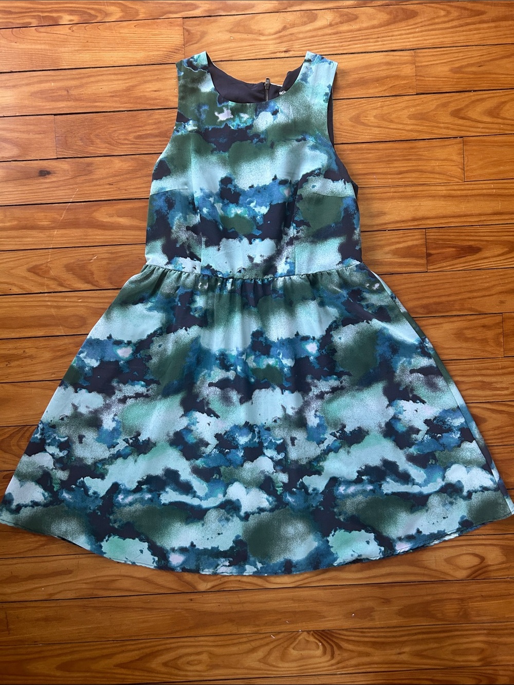 Mossimo Supply Co. Blue & Green Watercolor Fit-and-Flare Dress